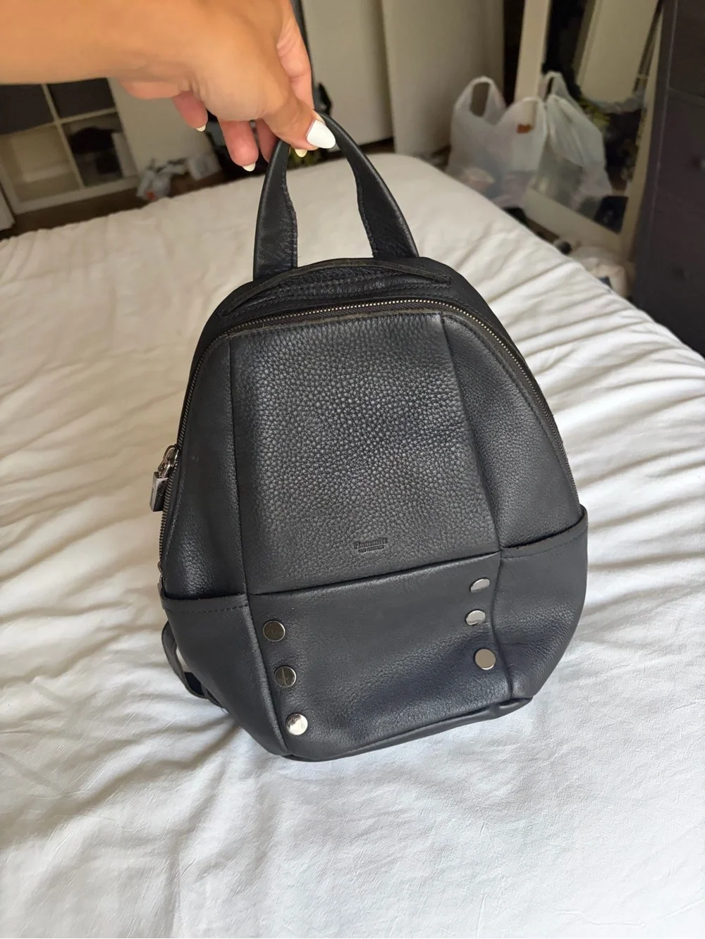 Hammitt Black Leather Medium Backpack with Gunmetal Accents